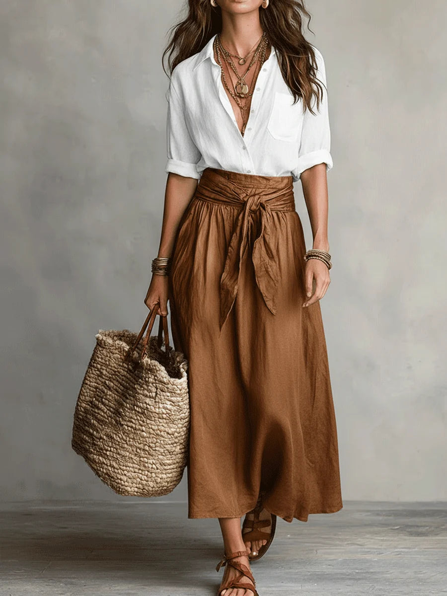 Conjunto de dos piezas: Blusa y falda midi satinada en estilo Boho