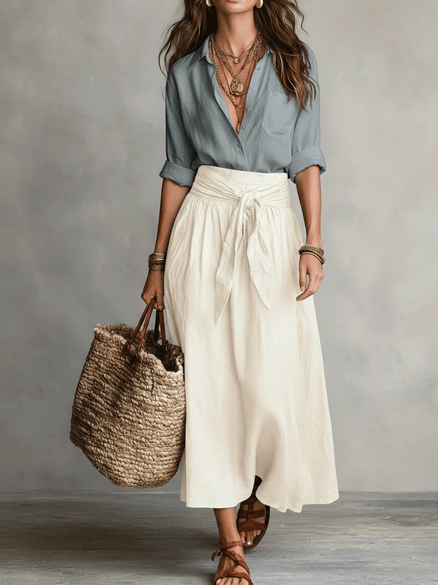 Conjunto de dos piezas: Blusa y falda midi satinada en estilo Boho