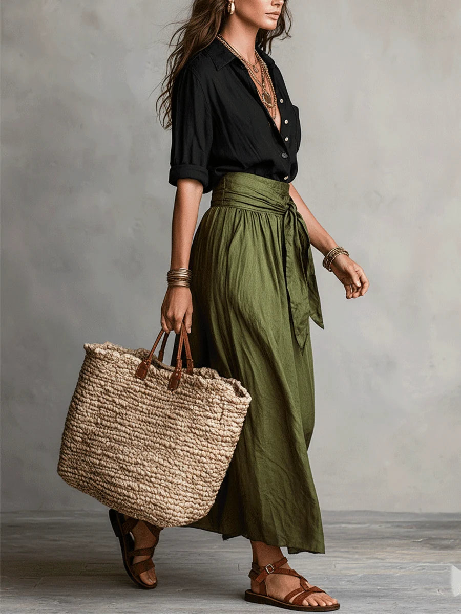 Conjunto de dos piezas: Blusa y falda midi satinada en estilo Boho