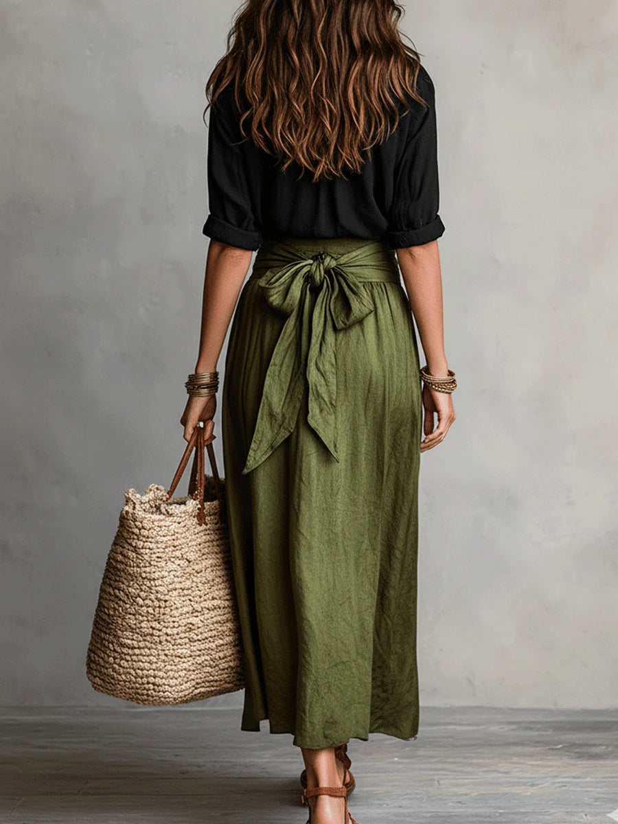 Conjunto de dos piezas: Blusa y falda midi satinada en estilo Boho