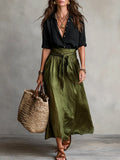 Conjunto de dos piezas: Blusa y falda midi satinada en estilo Boho