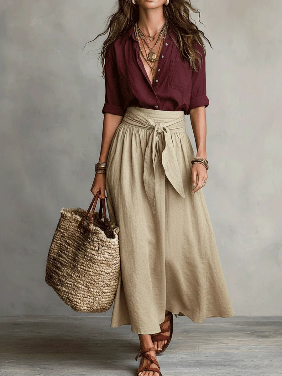 Conjunto de dos piezas: Blusa y falda midi satinada en estilo Boho