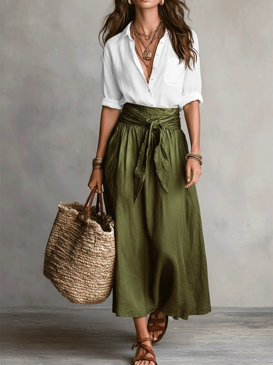 Conjunto de dos piezas: Blusa y falda midi satinada en estilo Boho