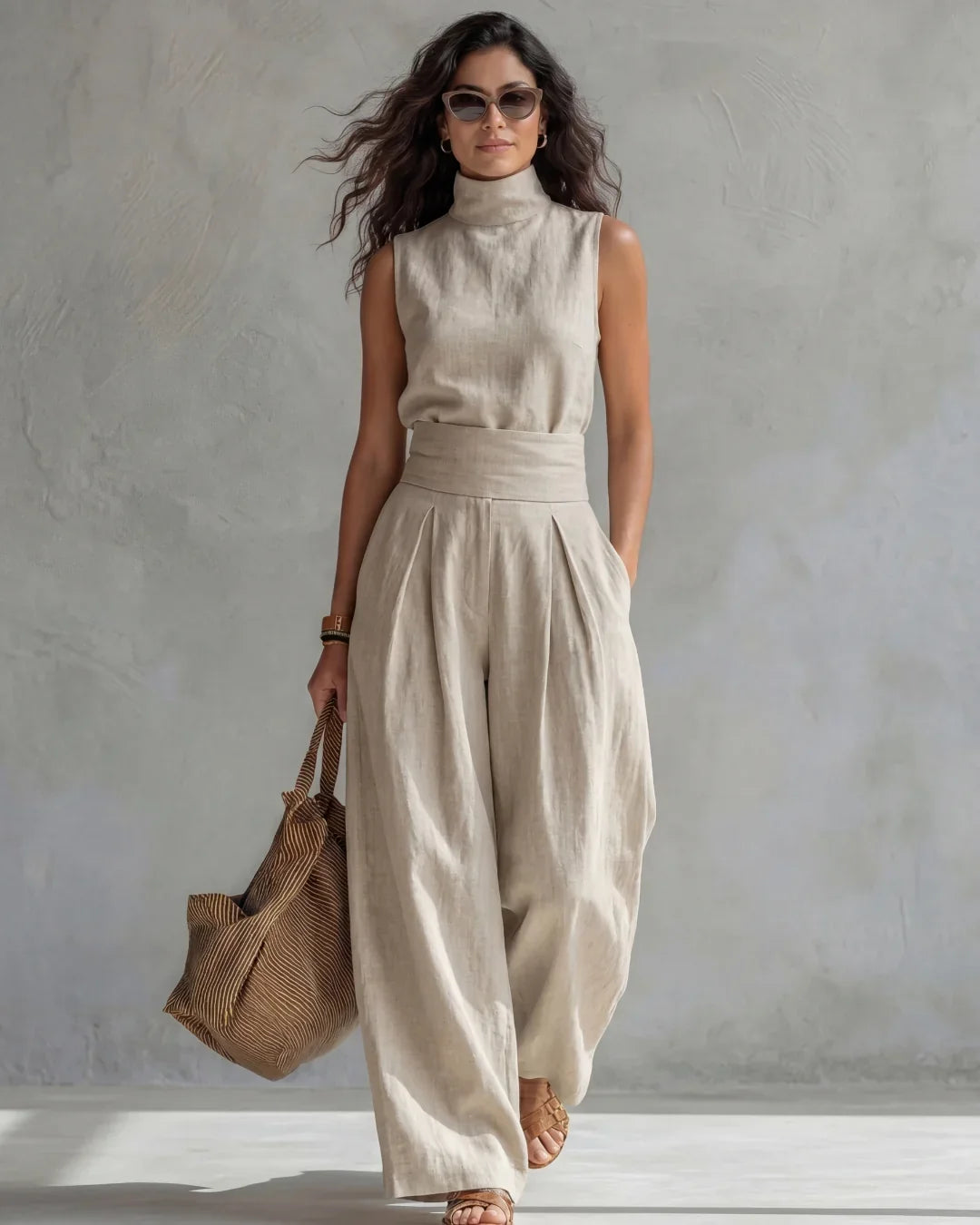 Salva  Conjunto compuesto por blusa sin mangas y pantalón de pierna ancha en mezcla de algodón y lino.