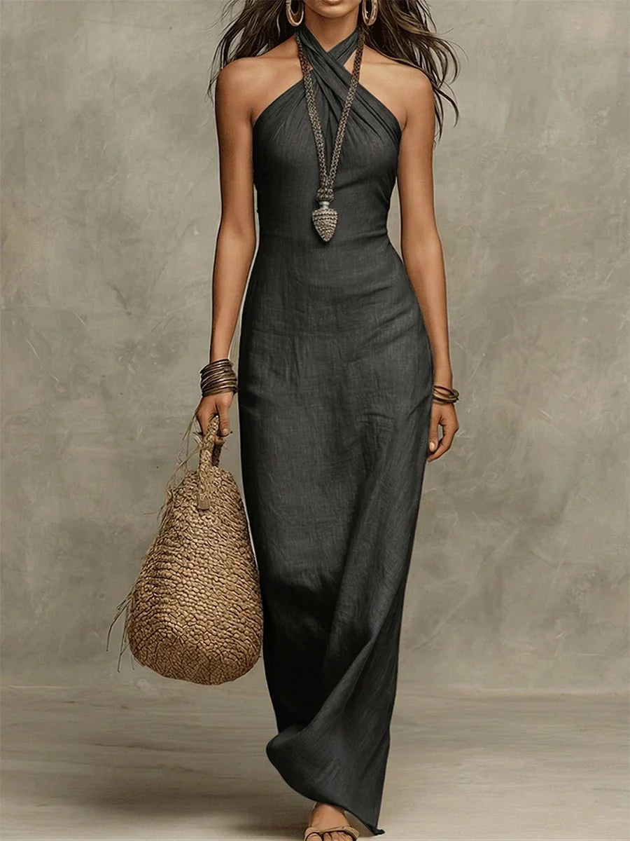 Avelina™ | Vestido maxi con escote americano, voluminoso, de algodón y lino